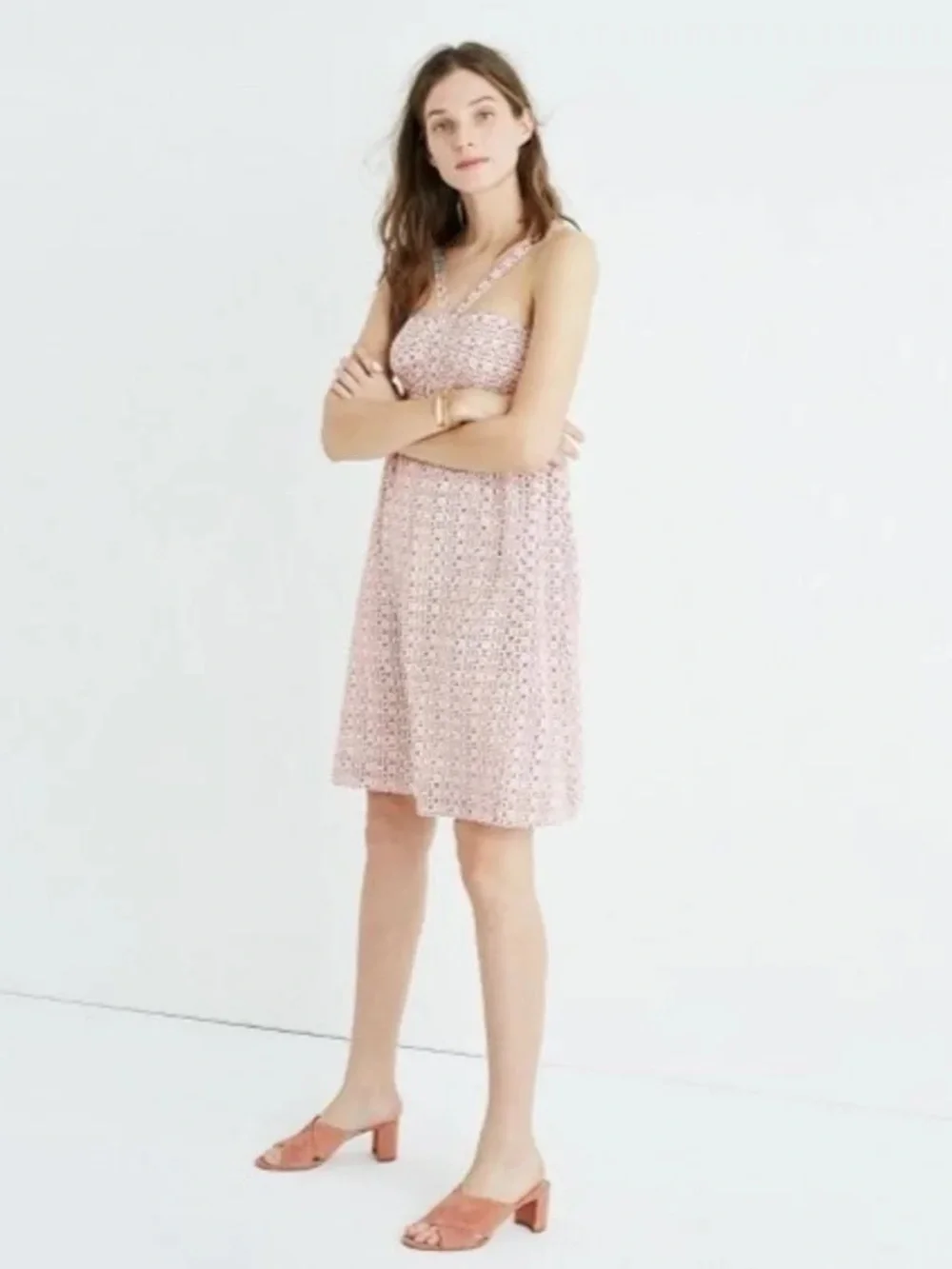 Madewell Echo Grid Silk Convertible Halter Mini Dress wedding guest pink cream 4 - Picture 2 of 7
